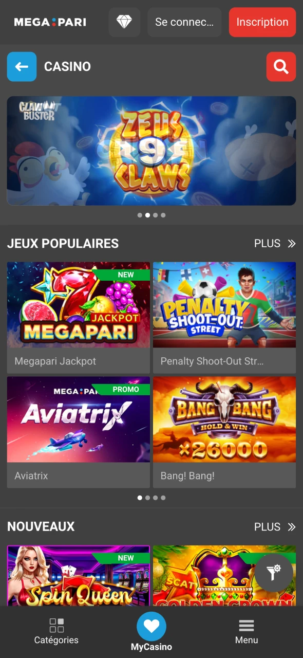 Explorez l'immense section casino de Megapari.