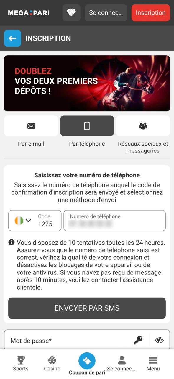 Commencez par vous inscrire sur Megapari.