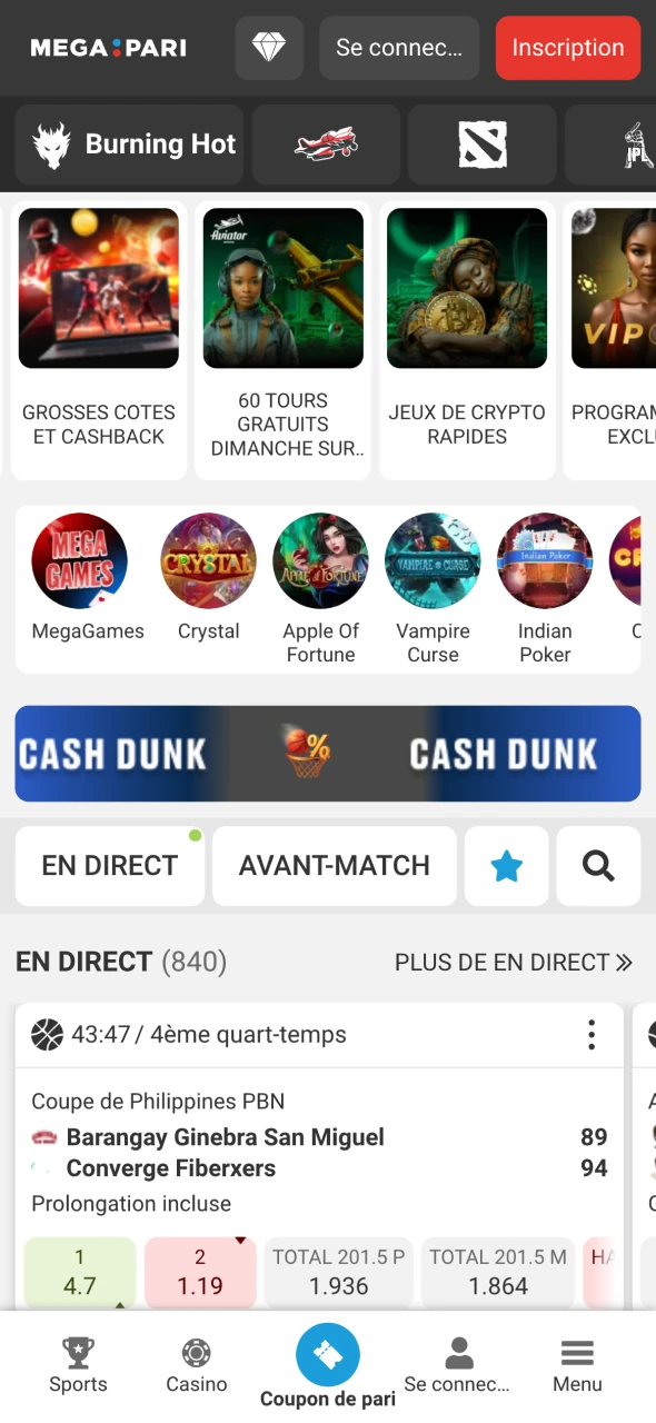 Ouvrez la page principale du site Web Megapari.