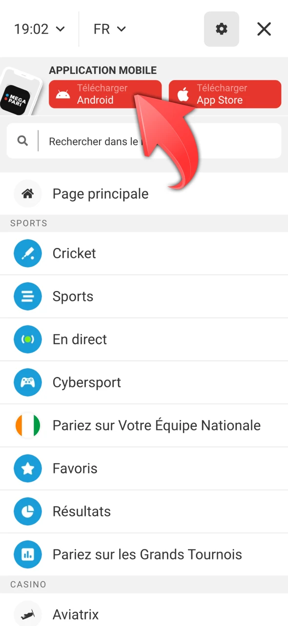 Sélectionnez l'option de téléchargement Android sur Megapari.