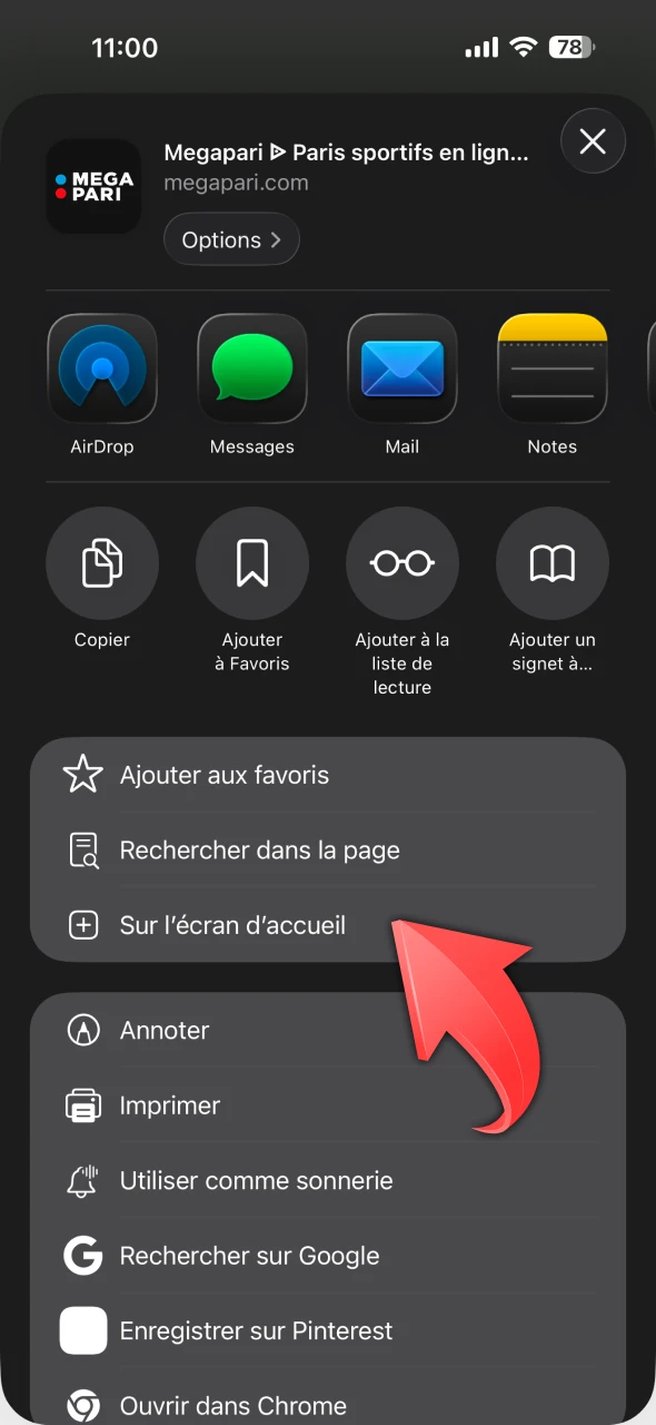 Sélectionnez l'option Ajouter Megapari à l'écran d'accueil.