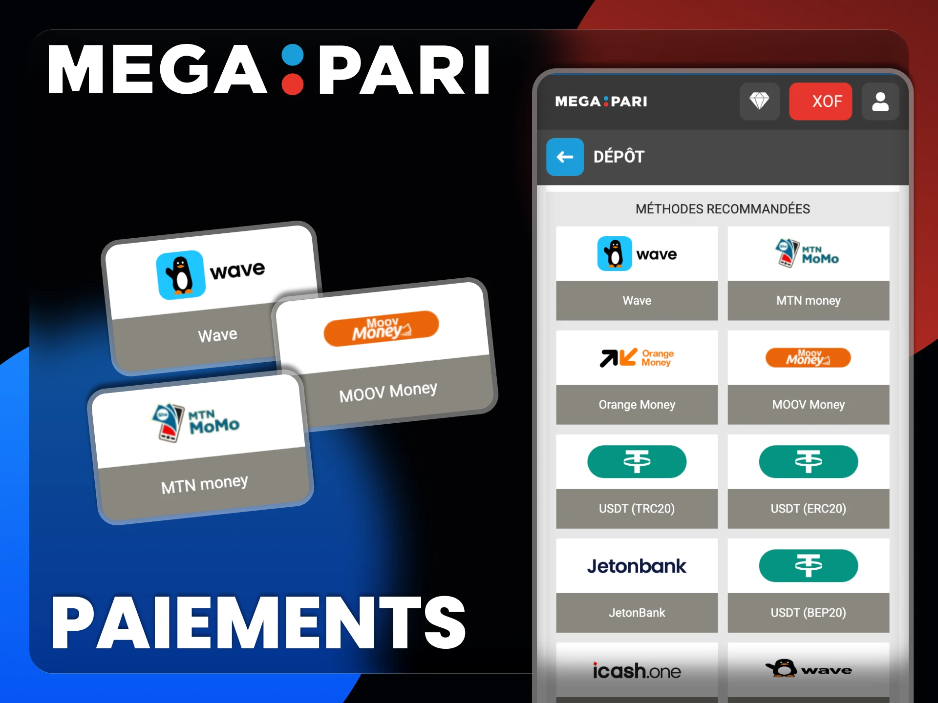 L'application Megapari propose un large éventail de méthodes de paiement.