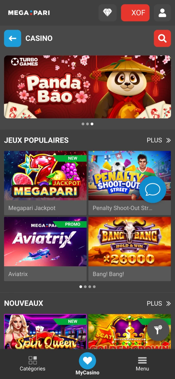 Choisissez le jeu auquel vous souhaitez jouer sur Megapari.