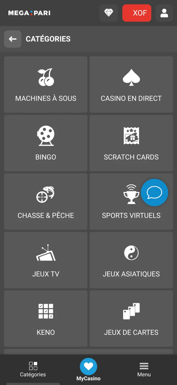 Choisissez la catégorie des jeux de casino Megapari.