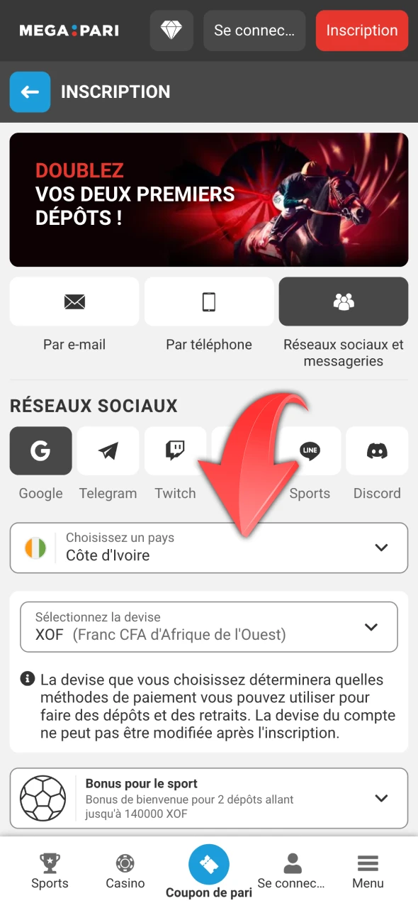 Sélectionnez votre pays et votre devise principale sur Megapari.