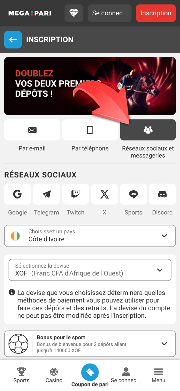 Sélectionnez l'option d'inscription sur Megapari.
