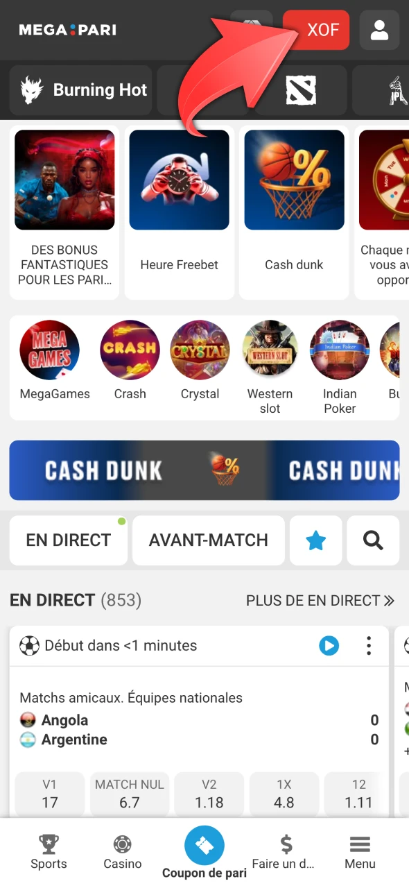 Cliquez sur le bouton Dépôt sur le site Web Megapari.