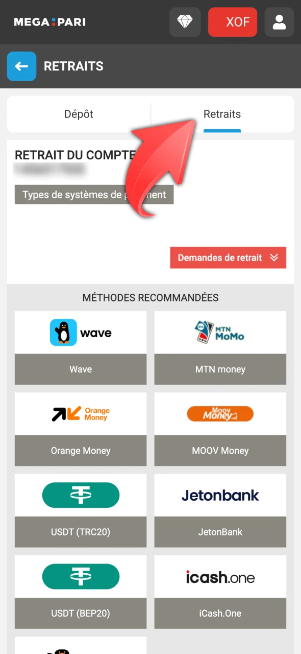Accédez à l'onglet Retirer des fonds sur Megapari.