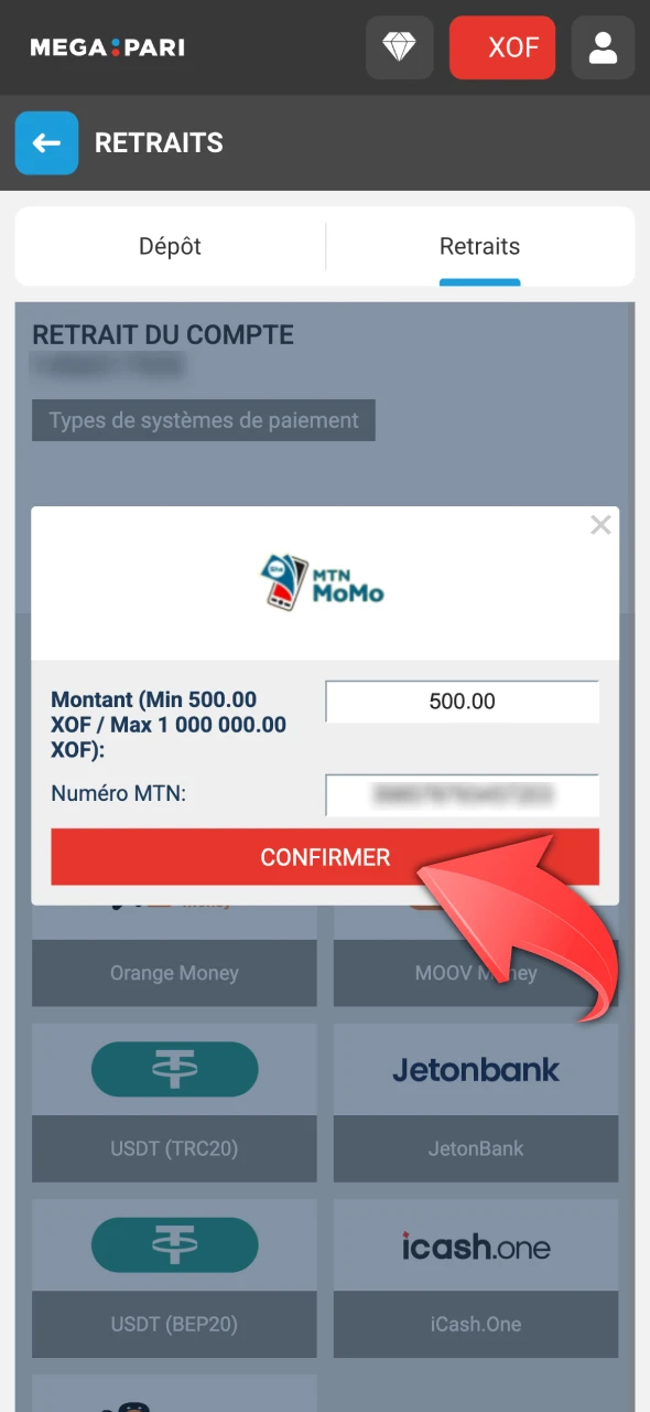 Vérifiez les informations et confirmez le retrait Megapari.