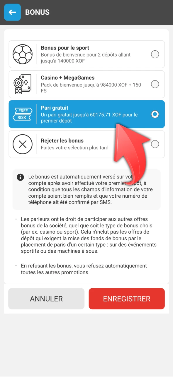 Sélectionnez l'offre de bienvenue Megapari disponible.