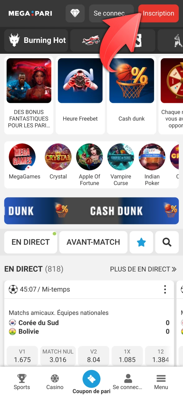 Rendez-vous sur le site Web Megapari et cliquez sur S'inscrire.