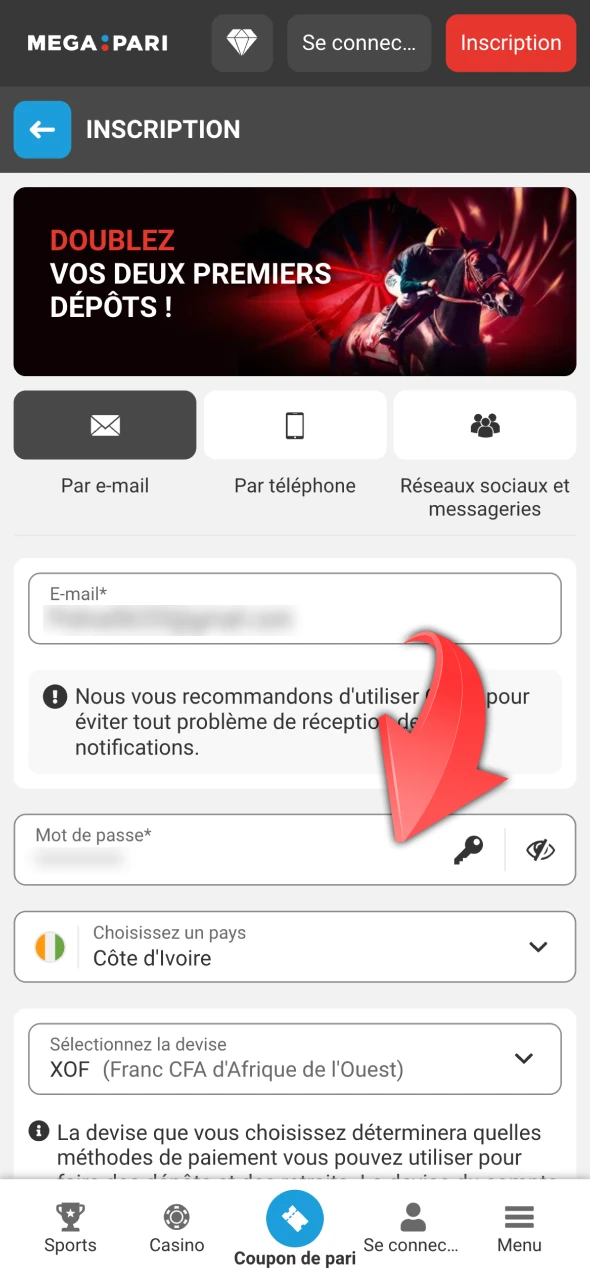 Remplissez les informations requises pour l'inscription sur Megapari.