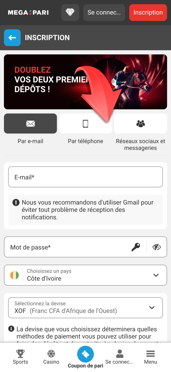 Choisissez les options d'inscription disponibles sur Megapari.